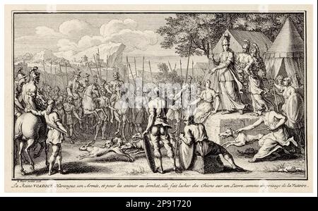 Boudica und ihre Armee (Boadicea), Gravur von Bernard Picart, 1728 Stockfoto