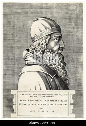 Aristoteles (384-322 v. Chr.), antiker griechischer Philosoph und Polymathematik, Porträt aus dem 16. Jahrhundert nach Enea Vico, 1530-1560 Stockfoto