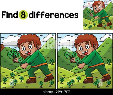 Kind Pflückt Shamrock Finde Die Unterschiede Stock Vektor