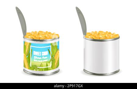 Mais-Konservenpaket-Mockup-Set, Vektor-realistische Abbildung Stock Vektor