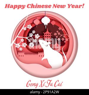 Vektorschichtiger Papierschnitt Happy Chinese Silvester Komposition Stock Vektor