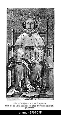 König Richard II. Von England war der letzte Plantagenet-König und regierte von 1377 bis zu seiner eidesstattlichen Aussage 1399. Er war eine umstrittene Figur, bekannt für seine Extravaganz, religiöse Frömmigkeit und autoritäre Tendenzen. Seine Herrschaft war geprägt von Konflikten mit dem Adel, einschließlich seines Cousins Henry Bolingbroke, der ihn später entlarvte und Heinrich IV. Wurde Stockfoto