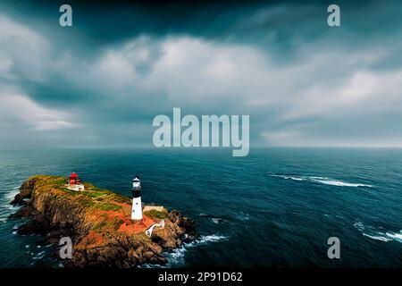 Ein Blick aus der Vogelperspektive auf einen Leuchtturm auf einer kleinen Insel, umgeben vom ruhigen Wasser des Ozeans Stockfoto