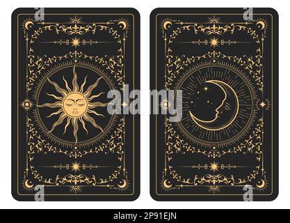 Die Rückseite eines Tarotkarten-Stapels, Muster mit mystischer Sonne und Mond, esoterische Symbole von Halbmond und Astrologie, Vektor Stock Vektor