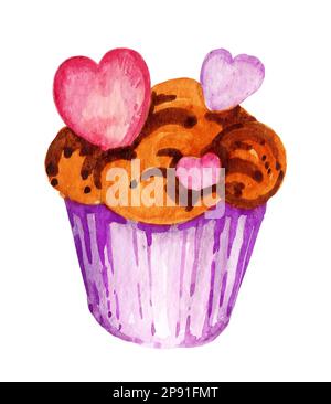 Aquarell-Cupcake, Handzeichnung, Skizze von Muffin. Rosa- und lila-Farbe auf weißem Hintergrund. Für Verpackung, Menü, Stoff, Geburtstag. Stockfoto