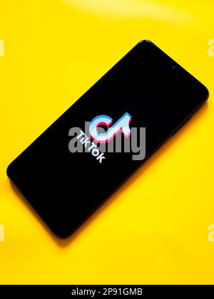 Mobiltelefon mit TikTok-Logo auf dem Bildschirm Stockfoto