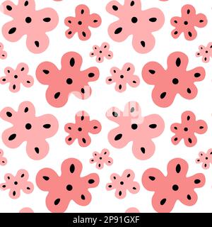 Pinkfarbener Cartoon mit Y2K Blumen und nahtlosem Muster für einen Aufdruck. skandinavisches Blumenmotiv im Retro-Vintage-Stil. Stock Vektor