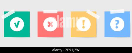 Set aus verschiedenfarbigen Notizbögen mit Häkchen, Kreuz, Ausrufezeichen und Fragezeichen. Vektordarstellung Stock Vektor
