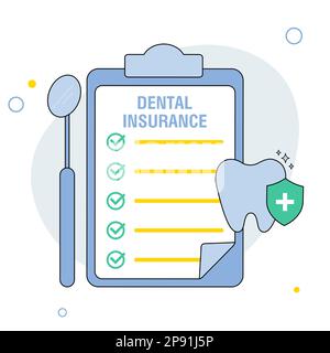 Zahnversicherung, zahnärztliches Pflegekonzept. Zwischenablage mit medizinischem Dokument. Flache Vektordarstellung Stock Vektor