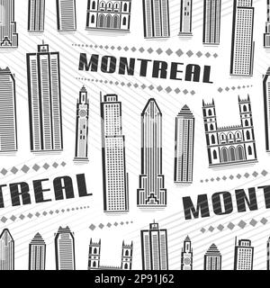 Vector Montreal Seamless Pattern, sich wiederholender Hintergrund mit Illustration der berühmten stadtlandschaft von montreal auf weißem Hintergrund für Geschenkpapier, Monochr Stock Vektor