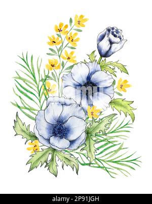 Aquarell Bouquet mit Blumen Anemonen und gelben Wildblumen. Blaue sanfte Anemonen. Anordnung der Blumen. Design für Postkarten und Hochzeiten Stockfoto