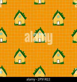 Islandia niedliche rustikale Häuser einfaches, nahtloses Muster. Hellgrünes gelbes nordisches Haus mit Grasdach auf dem Hintergrund des Rasters. Kleine gemütliche Häuser kindische skandinavische Aufdrucke. Vektordarstellung. Stock Vektor