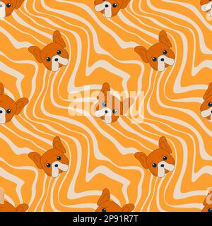 Süße Hunde groovy Muzzle nahtloses Muster. Doodle lustige Hundegesichter. Hundeköpfe. 970 Retro-Hippie-Wellenlinien im Hintergrund. Verzerrte Linien im Vintage-Stil. 90s, 00s Nostalgie. Vektordarstellung. Stock Vektor
