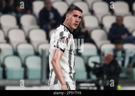 Turin, Italien. 09. März 2023. Runde 16, UEFA Europa. Juventus VS Freiburg. Dusan Vlahovic, Juventus. TORINO, ITALIEN, 09. März 2023: Dusan Vlahovic, Juventus, FOOTBALL, UEFA Europa LEAGUE, JUVENTUS Torino vs SC FREIBURG, Runde mit 16 1. Etappe auf 9. März 2023 in TURIN (Foto: © Cristiano BARNI/ATPimages) (BARNI Cristiano/ATP/SPP) Kredit: SPP Sport Press Photo. Alamy Live News Stockfoto