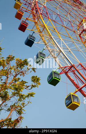 Riesenrad in Regenbogenfarben an Amusement Park gemalt. Bunte Kabinen einer Beobachtung Rad zu einem fairen Stockfoto