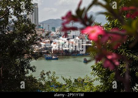 Vietnamesischen Stadt Nha Trang schöne Stadtbild. Auf der Suche durch blühende Laub an den asiatischen Stadt am Fluss Stockfoto