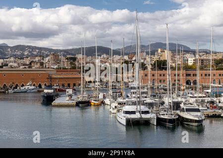 Yachthafen mit verlegten Segelyachten im Hafen von Palma, Mallorca, Mallorca, Balearen, Spanien, Europa Stockfoto