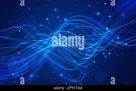Abstrakte Linien fließendes dynamisches Muster in blauen Farben auf schwarzem Hintergrund für das Konzept der KI-Technologie. Stockfoto