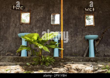 Das öffentliche Freibad Wc mit WC Schild in einem Park. Außerhalb der Toilette außen mit blauen sinkt. Ländlichen stil Toilette im Sommer Stockfoto