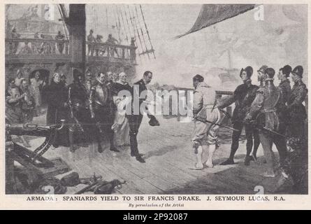 Armada - Spanier ergeben sich Sir Francis Drake von J. Seymour Lucas. Stockfoto