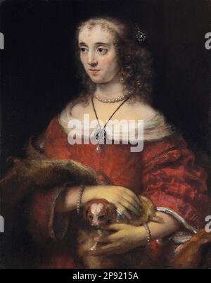 Porträt einer Lady mit einem Schoßhund, ca. 1665, von Rembrandt Stockfoto