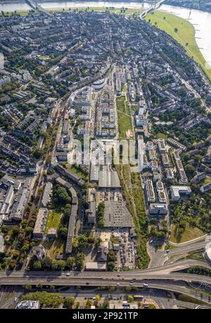 Luftaufnahme, Neubaugebiet Quartier Belsenpark und neuer Bürokomplex im Stadtteil Oberkassel in Düsseldorf, Rheinland, Nordrhein-Westph Stockfoto