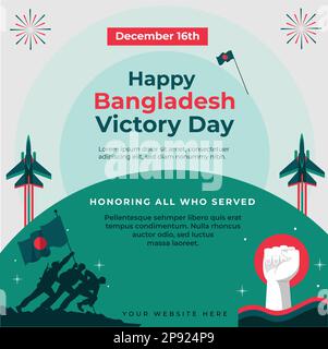 Hintergrund des Triumphtags in Bangladesch mit Nationaldenkmal und schwenkender Flagge an einem Stab. Stock Vektor