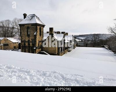 Schnee in der Shibden Hall in Halifax, West Yorkshire. Foto: Freitag, 10. März 2023. Stockfoto