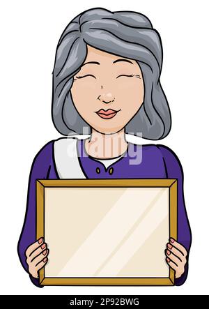 Stolze ältere Frau mit grauen Haaren, elegantem lila Kleid und Schärpe, mit einem leeren Diplomrahmen. Design im Cartoon-Stil auf weißem Hintergrund. Stock Vektor