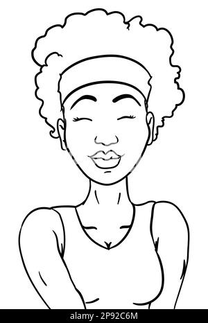 Porträt einer dunkelhäutigen Frau mit Afrohaar, Bandana und Fitnesskleidung. Entwerfen Sie Konturen für das Ausmalen. Stock Vektor