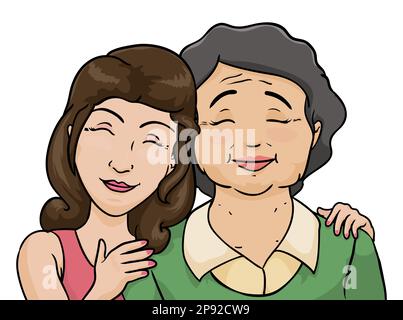 Süße Szene mit einer glücklichen Frau, die eine ältere Frau umarmt. Porträt von Tochter und Mutter im Cartoon-Stil. Stock Vektor