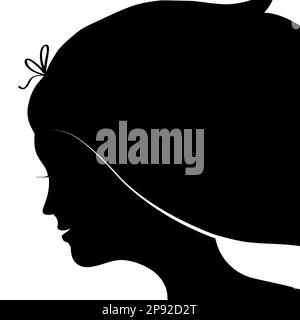 Nahaufnahme des Gesichts einer Frau mit langen Haaren und Schleife. Schwarze Silhouette isoliert auf weißem Hintergrund. Stock Vektor