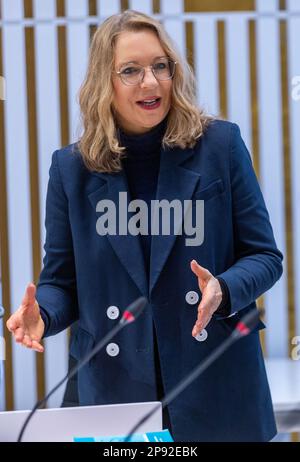 Schwerin, Deutschland. 10. März 2023. Claudia Kemfert, eine Expertin des Deutschen Instituts für Wirtschaftsforschung, spricht vor ihrer Anhörung im Parlamentarischen Untersuchungsausschuss (PUA) des landesparlaments Mecklenburg-Vorpommern über die MV-Klimastiftung mit Ausschussmitgliedern. Kemfert hatte den Bau der Nord Stream-2-Gaspipeline frühzeitig für unnötig erachtet. Seit ihrer Gründung im Jahr 2021 wird die Climate Foundation dafür kritisiert, die Fertigstellung der deutsch-russischen Pipeline zu unterstützen. Kredit: Jens Büttner/dpa/Alamy Live News Stockfoto