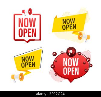 Megafon-Beschriftung mit Text Jetzt geöffnet. Megafon-in-Hand-Werbebanner. Marketing und Werbung Stock Vektor