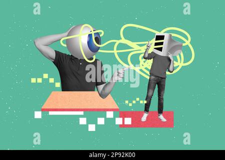 Foto-Banner-Collage-Kunstwerke eines jungen kopflosen Mannes Computer-Monitor-Internet-Hacker, der den Augapfel beobachtet, isoliert auf grünem Hintergrund Stockfoto