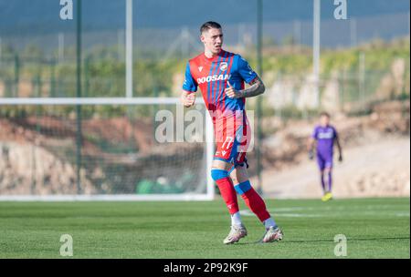 La Nucia, Spanien – 16. Januar 2023. Viktoria Plzen winger Erik Jirka während der Club Friendly Ferencvaros vs Viktoria Plzen (0-0). Stockfoto