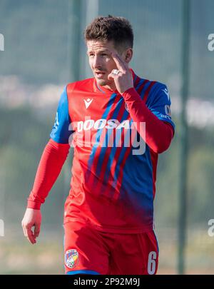 La Nucia, Spanien – 16. Januar 2023. Viktoria Plzen Mittelfeldspieler Vaclav Pilar während der Club-freundlichen Ferencvaros gegen Viktoria Plzen (0-0). Stockfoto