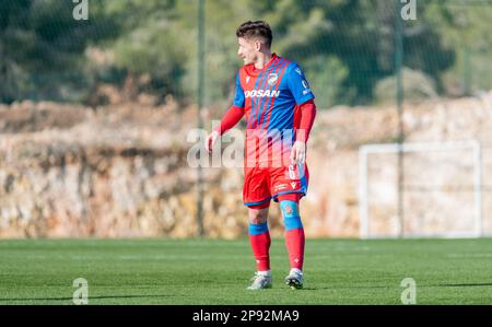 La Nucia, Spanien – 16. Januar 2023. Viktoria Plzen Mittelfeldspieler Vaclav Pilar während der Club-freundlichen Ferencvaros gegen Viktoria Plzen (0-0). Stockfoto