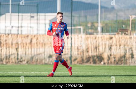 La Nucia, Spanien – 16. Januar 2023. Viktoria Plzen Mittelfeldspieler Lukas Kalvach während der Club-freundlichen Ferencvaros vs. Viktoria Plzen (0-0). Stockfoto