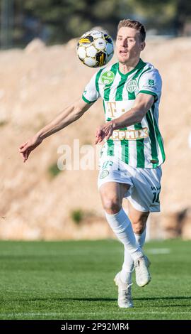 La Nucia, Spanien – 16. Januar 2023. Ferencvaros Mittelfeldspieler Kristoffer Zachariassen während der Club-freundlichen Ferencvaros gegen Viktoria Plzen (0-0). Stockfoto