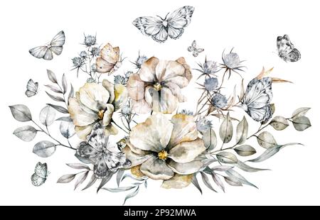 Frühlingsstrauß aus Wildblumen und Schmetterlingen. Rechteckige Vorlage mit natürlichen Motiven für Grußkarten Stockfoto