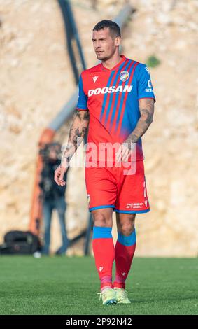 La Nucia, Spanien – 16. Januar 2023. Viktoria Plzen Mitte-Rücken Lukas Hejda während der Club-freundlichen Ferencvaros vs Viktoria Plzen (0-0). Stockfoto