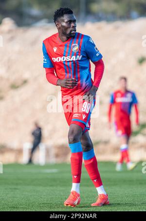 La Nucia, Spanien – 16. Januar 2023. Viktoria Plzen Mittelfeldspieler Modou N'Diaye während der Club-freundlichen Ferencvaros gegen Viktoria Plzen (0-0). Stockfoto