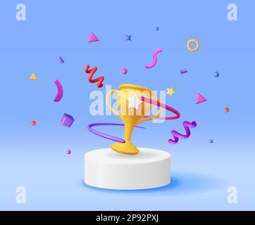 3D Goldene Champion Trophäe mit Confetti auf dem Podium Stock Vektor