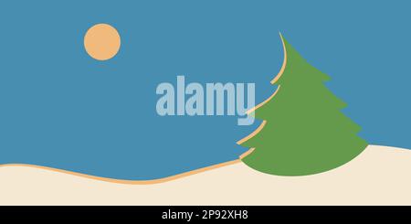 Vektordarstellung Winter, einsamer Weihnachtsbaum uneben mit geneigter Spitze auf Schneefeld, blauer Himmel, Mond oder niedrige Wintersonne scheint, Chr Stock Vektor