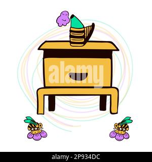 Zusammensetzung von Bienenstock, Raucher und Bienen auf Blumen Stock Vektor