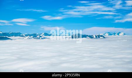 Schneebedeckte Berglandschaft über Wolken an sonnigen Wintertagen. Blick von Grünten auf die Alpen Allgäu, Bregenzerwald und die Schweizer Berge. Stockfoto