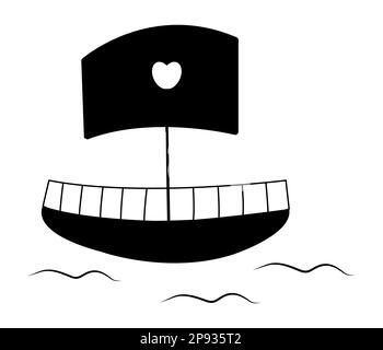 Schwarzes schwimmendes Boot mit Herz auf dem Segel Stock Vektor