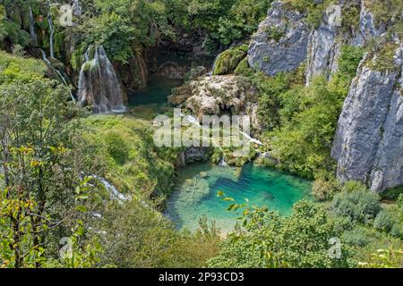 Wasserfälle und grüne Tufa-Seen im Nationalpark Plitvicer Seen / Nacionalni-Park Plitvička Jezera im Kreis Lika-Senj, Kroatien Stockfoto