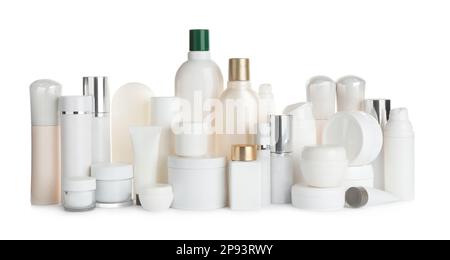 Viele verschiedene kosmetische Produkte auf weißem Hintergrund Stockfoto
